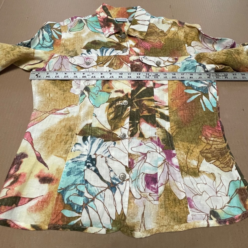 Vintage Chico's Sz 1 (M) Floral 100% Linen Shacket Shirt Jacket Lagen Artsy Boho - Picture 7 of 15